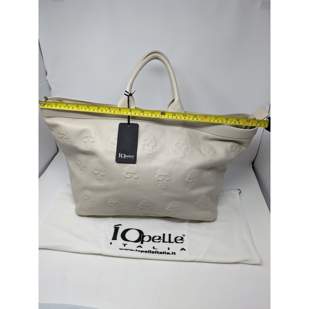 IO Pelle Leather 3D Skull Weekender Tote Bag Italy Ivory Mousse Latte NWT - Picture 8 of 11